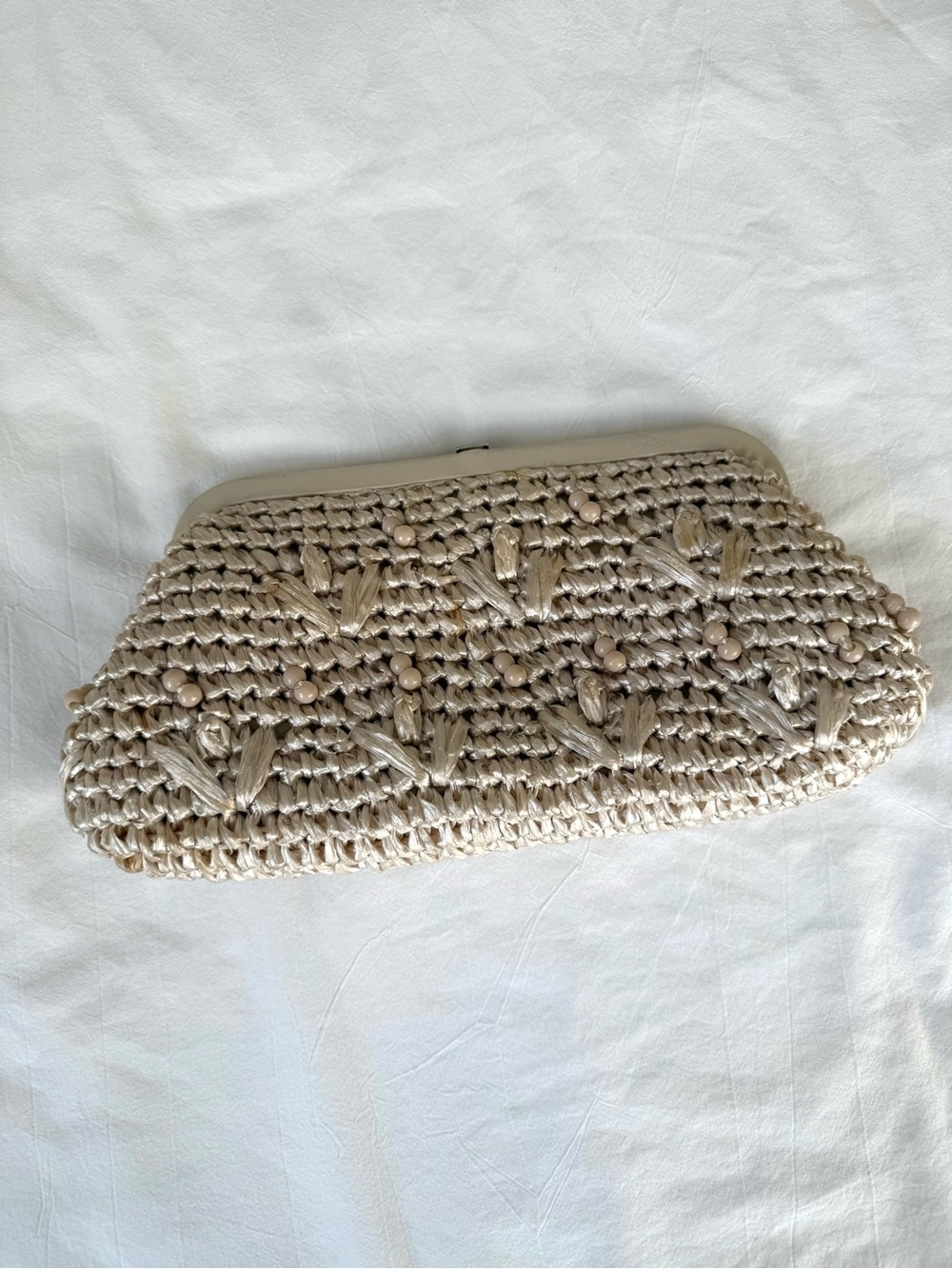 Vintage Ivory Raffia Beaded Clutch Bag